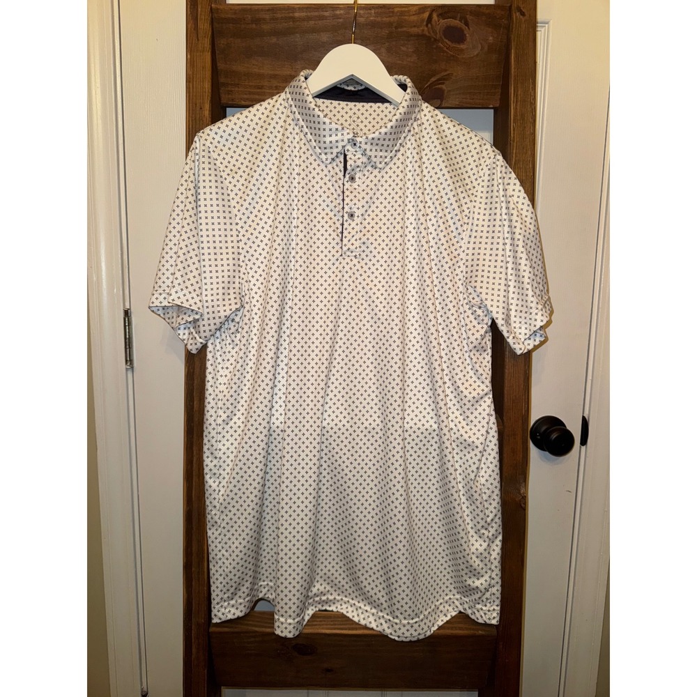 Swannies Mens Polo Shirt White Geometric Print Short Sleeve Button Size Large - Picture 1 of 3
